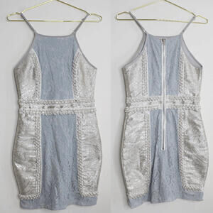 PLT Blue Lace Silver Champagne Beaded Sparkle Mini Dress - 8